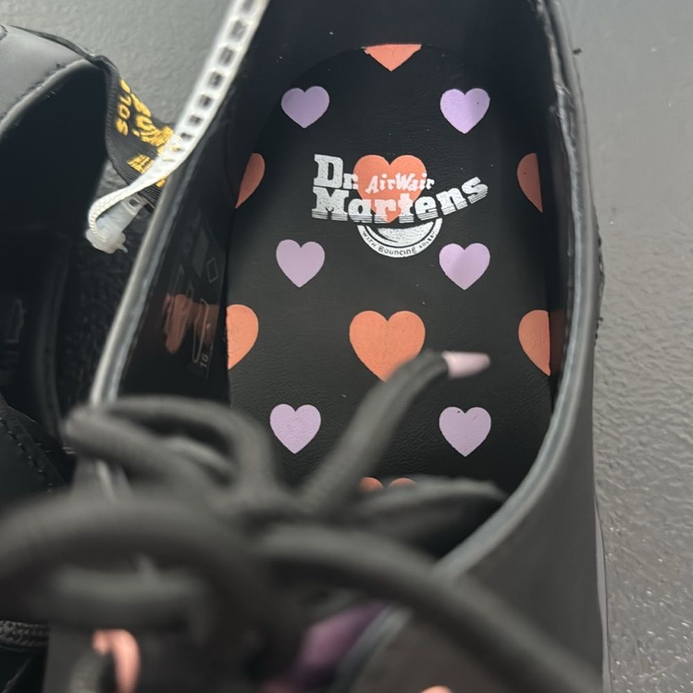 Dr. Martens Black Platform Oxfords with Pink Heart Accents - Picture 10 of 16
